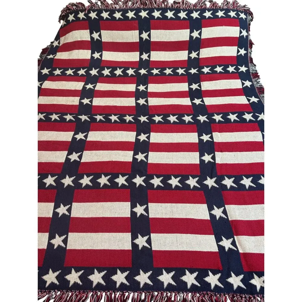 American Flag Patriotic Red White & Blue Handloomed Cotton Blanket Throw 68”x56”